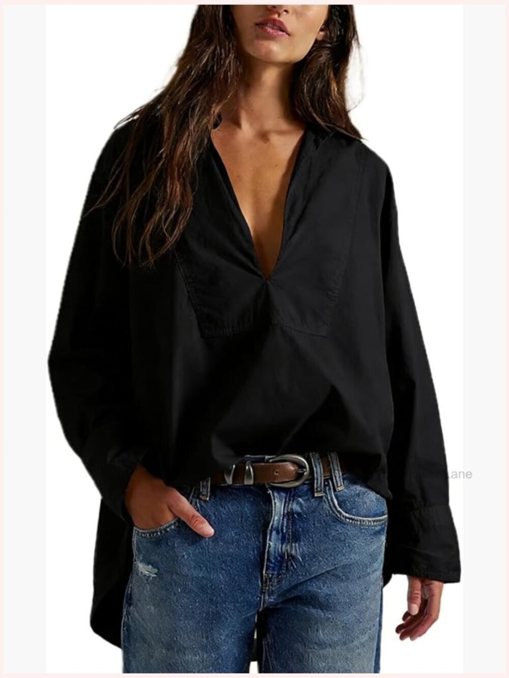 Women's V Neck Long Sleeve Blouses Casual Loose Fit Cotton Blouses Tunic Tops